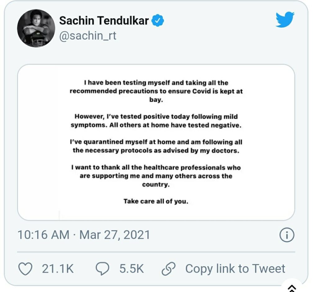 சச்சினுக்கு COVID-19 பாசிட்டிவ்; நிலைமை என்ன தெரியுமா ? 3 சச்சினுக்கு COVID-19 பாசிட்டிவ்; நிலைமை என்ன தெரியுமா ? 3