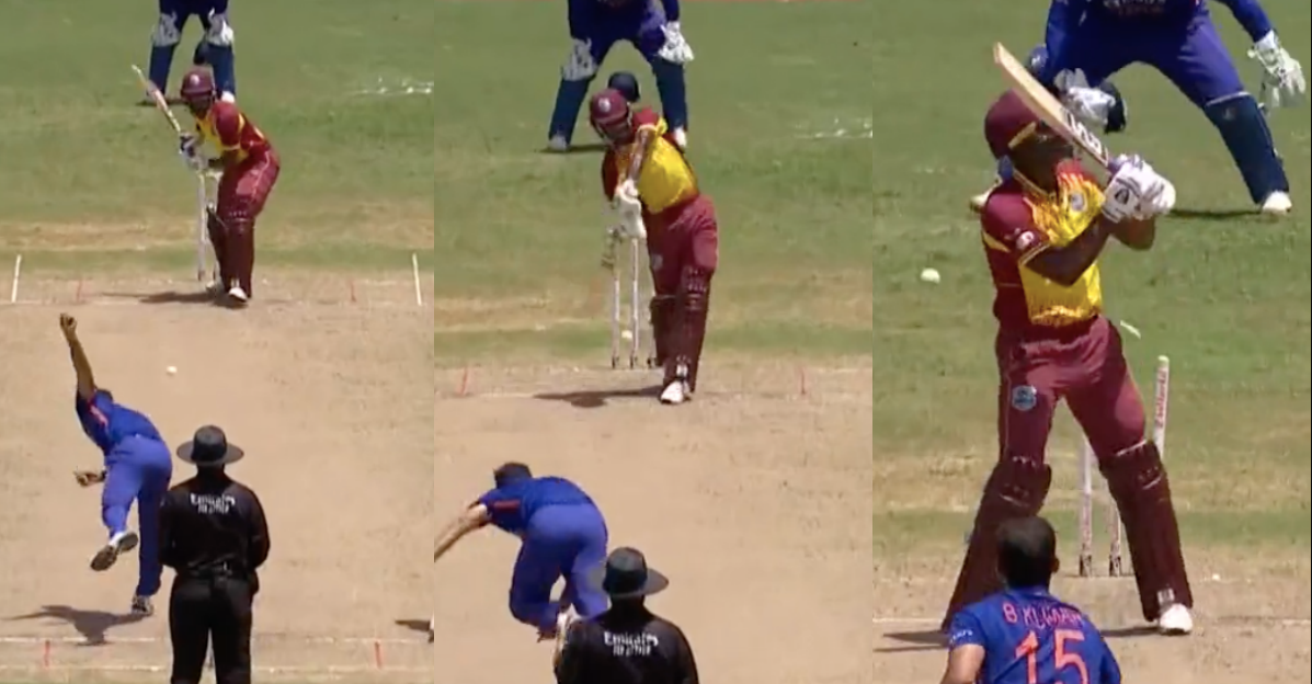 வீடியோ; இது எல்லாம் என்கிட்ட வேண்டாம்… ஸ்டெம்பை தெறிக்கவிட்ட புவனேஷ்வர் குமார்; திகைத்து போன விண்டீஸ் வீரர் !!