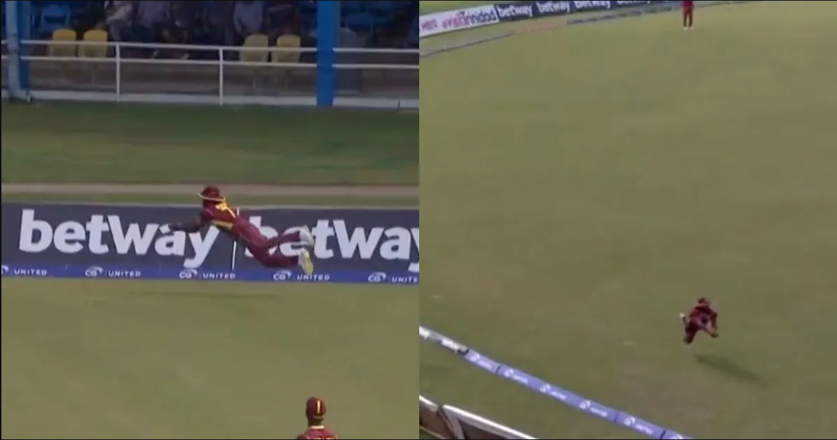 வீடியோ; மிரட்டல் கேட்ச் பிடித்த விண்டீஸ் வீரர்; நல்ல ஷாட் அடித்தும் விக்கெட்டை இழந்த ஷிகர் தவான் !!