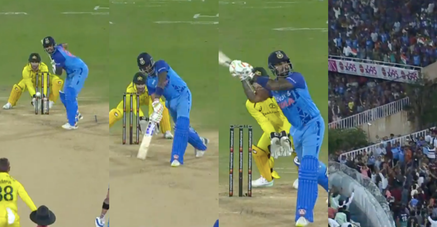 வீடியோ; தரமான சிக்ஸர்… ஹைதராபாத்தில் ஹெலிகாப்டர் ஷாட் அடித்து மாஸ் காட்டிய சூர்யகுமார் யாதவ் !!