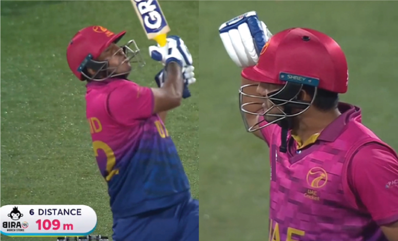 வீடியோ; 109 மீட்டர் இமாலய சிக்ஸர்… இலங்கை அணிக்கு எதிராக மாஸ் காட்டிய அமீரக வீரர் !!