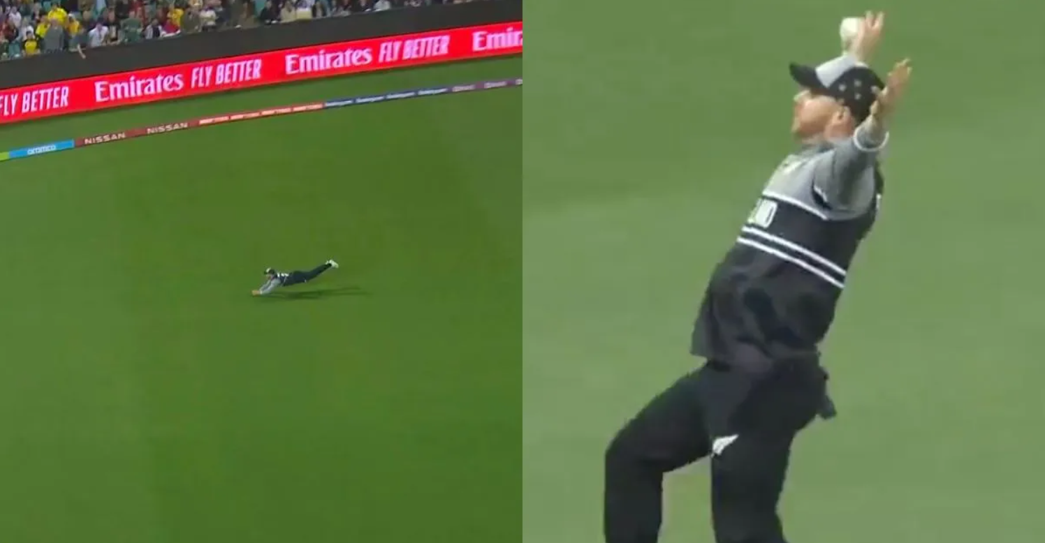 வீடியோ; முதல் போட்டியிலேயே தரமான கேட்ச்… சூப்பர் மேனாக மாறி மிரளவைத்த நியூசிலாந்து வீரர் !!