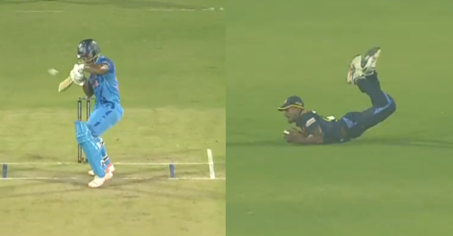 வீடியோ; பயம் காட்டிய ராகுல் திரிபாதி… சிறப்பான கேட்ச் பிடித்து சரியான நேரத்தில் வெளியேற்றிய இலங்கை வீரர் !!