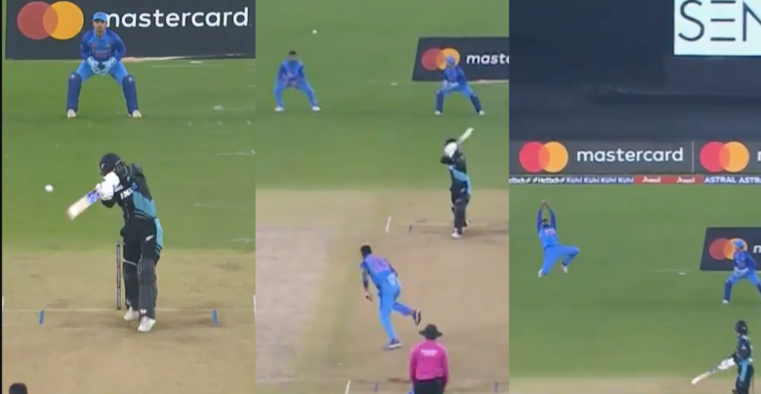 வீடியோ; சூப்பர் மேனாக மாறிய சூர்யகுமார் யாதவ்; பரிதாபமாக விக்கெட்டை இழந்த நியூசிலாந்து வீரர் !!