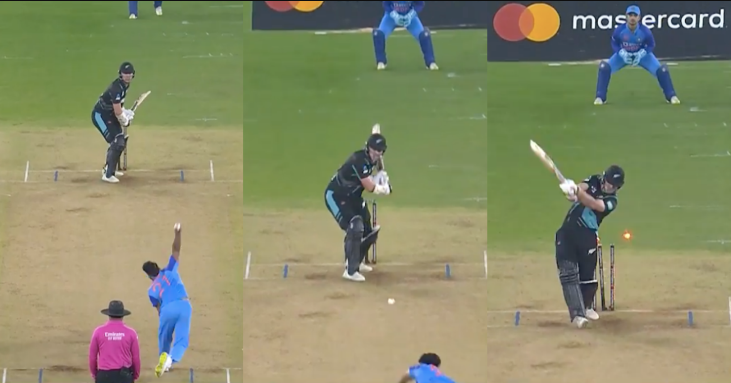 வீடியோ; தரமான பந்துவீச்சு… ஸ்டெம்பை தெறிக்கவிட்ட உம்ரன் மாலிக்; திகைத்து போன்ற நியூசிலாந்து வீரர் !!