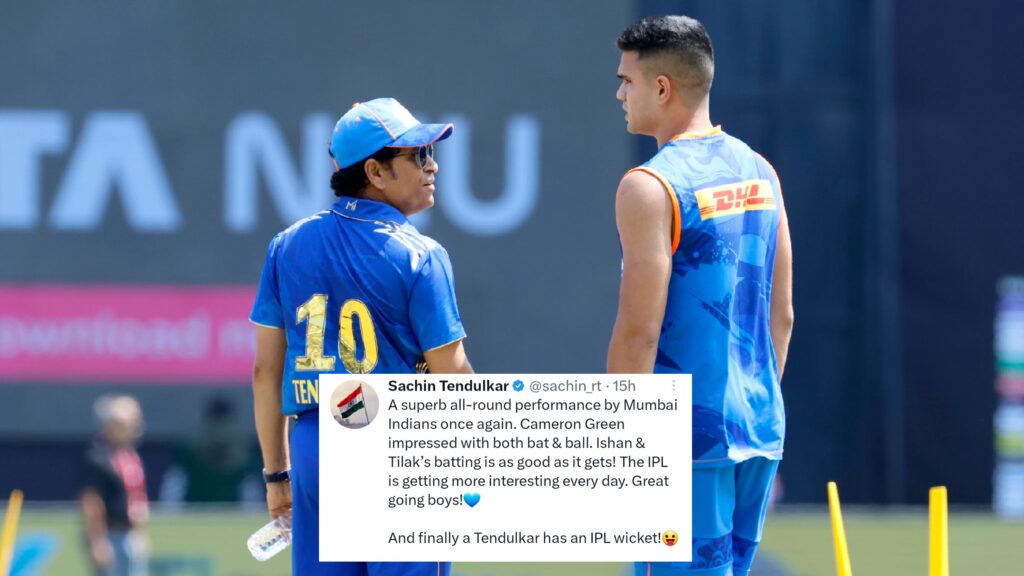 மகனே டெண்டுல்கர் பேர காப்பாத்தீட்டடா.. முதல் ஐபிஎல் விக்கெட்டை எடுத்த அர்ஜுன் டெண்டுல்கரை பாராட்டிய ஜாம்பவான் சச்சின் டெண்டுல்கர்!