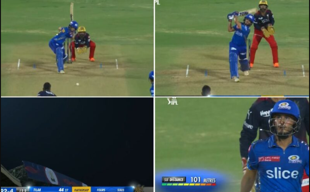 அடேங்கப்பா… 101 மீட்டர் இமாலய சிக்ஸர் அடித்து பயம் காட்டிய மும்பை வீரர்; அடுத்த பந்திலேயே விக்கெட்டை எடுத்து பழீ தீர்த்த கரண் சர்மா !!