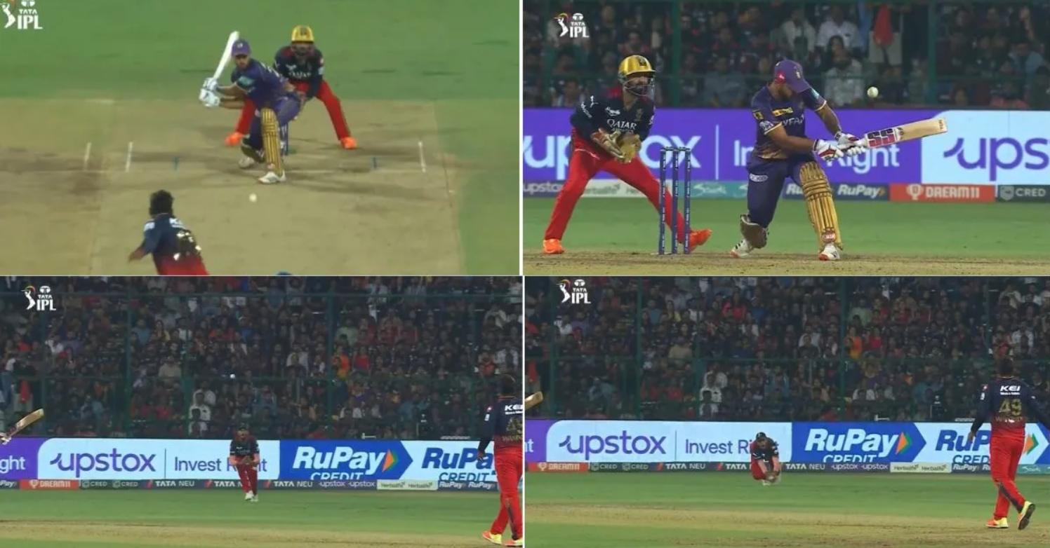 வீடியோ; கொஞ்சம் விட்ருந்தாலும் அவ்வளவு தான்… அதிரடி காட்டிய நிதிஷ் ராணா; சரியான நேரத்தில் தரமான கேட்ச் பிடித்த பெங்களூர் வீரர் !!