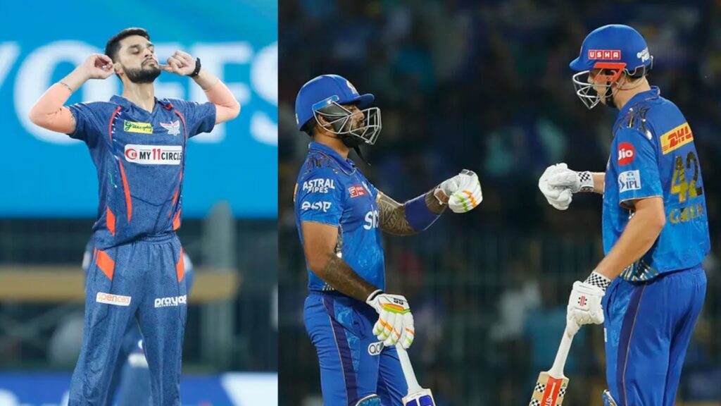 எனக்கு வாய் மட்டுமில்லடா பவுலிங்கும் இருக்கு… பவுலிங்கில் மிரட்டிய நவீன் உல் ஹக்… சூரியகுமார், கிரீன், நேஹல் வதேரா பங்களிப்பால் மும்பை அணி 182 ரன்கள் குவிப்பு!