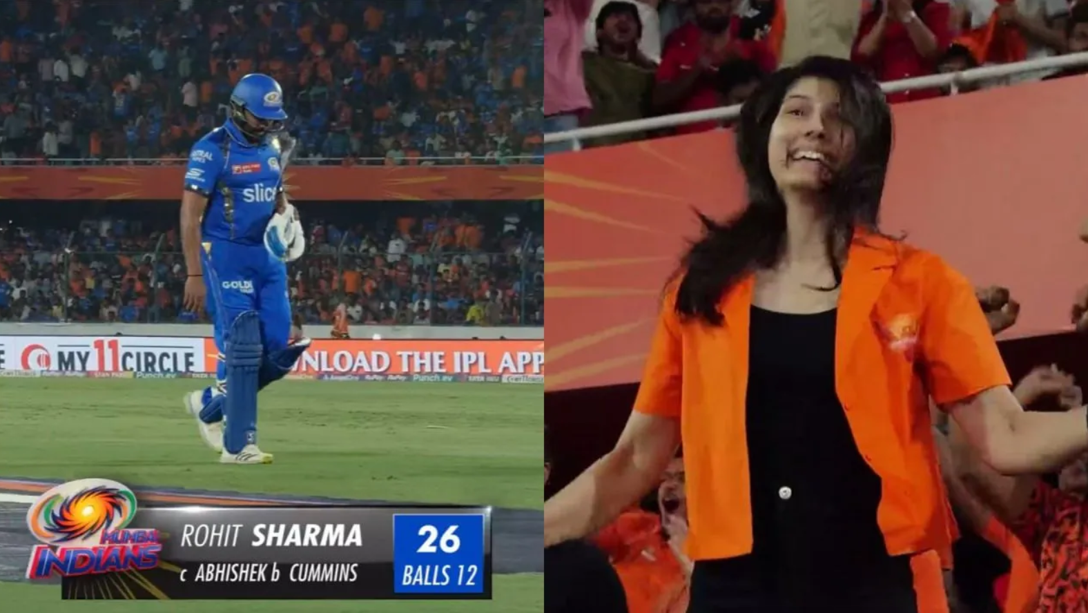 வீடியோ; சோலி முடிஞ்சு… 26 ரன்களில் விக்கெட்டை இழந்த ரோஹித் சர்மா; மகிழ்ச்சியில் துள்ளி குதித்த காவ்யா மாறன் !!